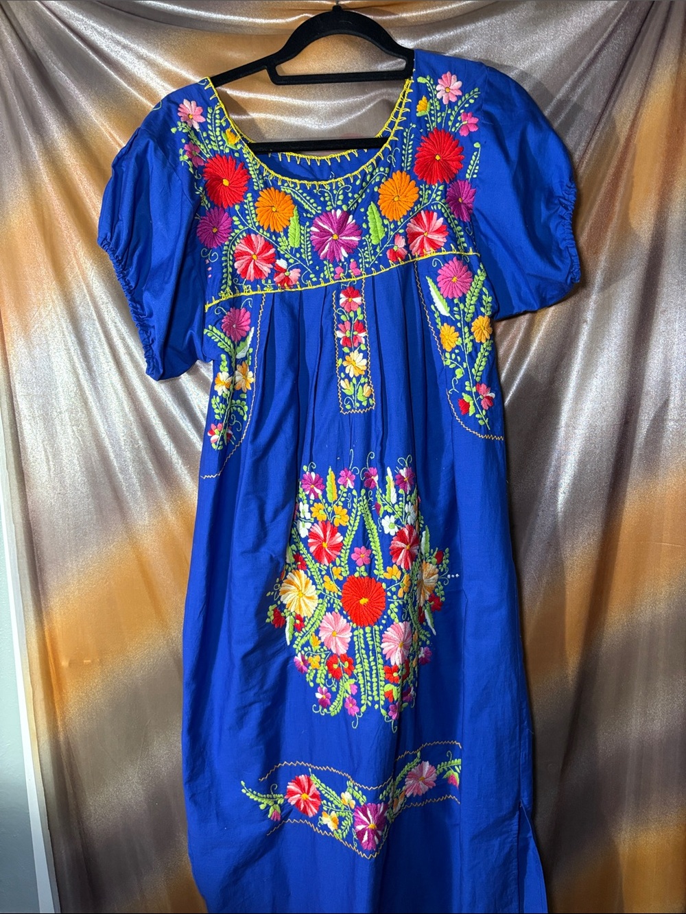 Vintage Vibrant Royal Blue‎ Mexican Embroidered Maxi Dress. B18